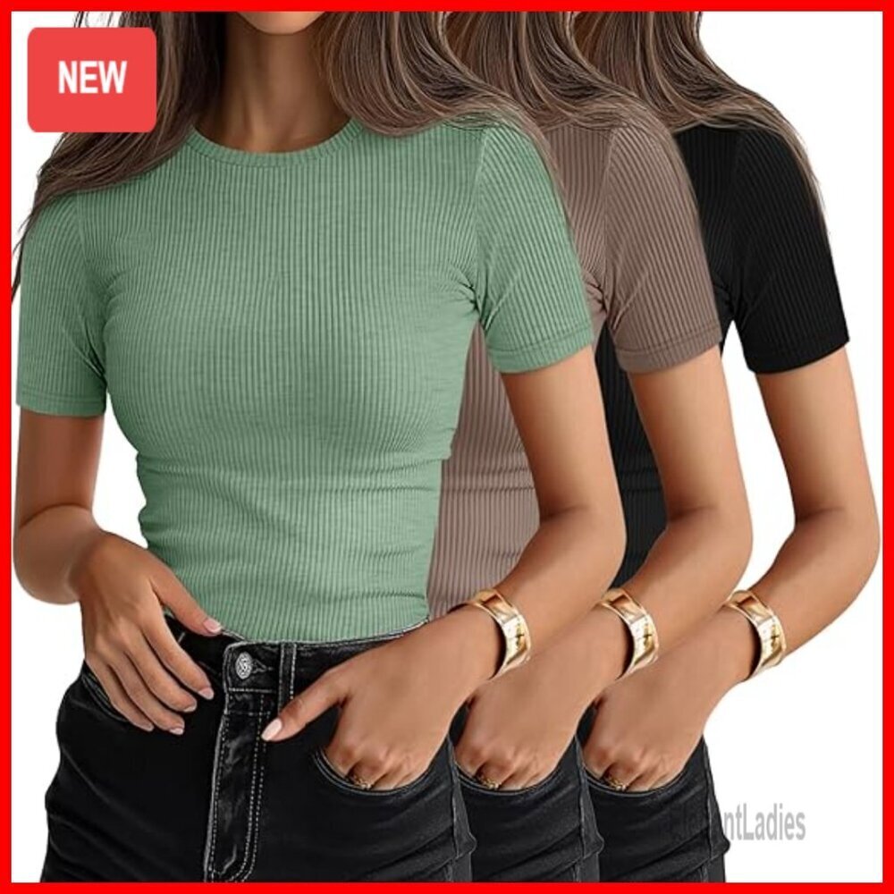 3 Pack Women's Ribbed T-Shirts, Cotton Short Sleeve Crewneck Fitted Tops